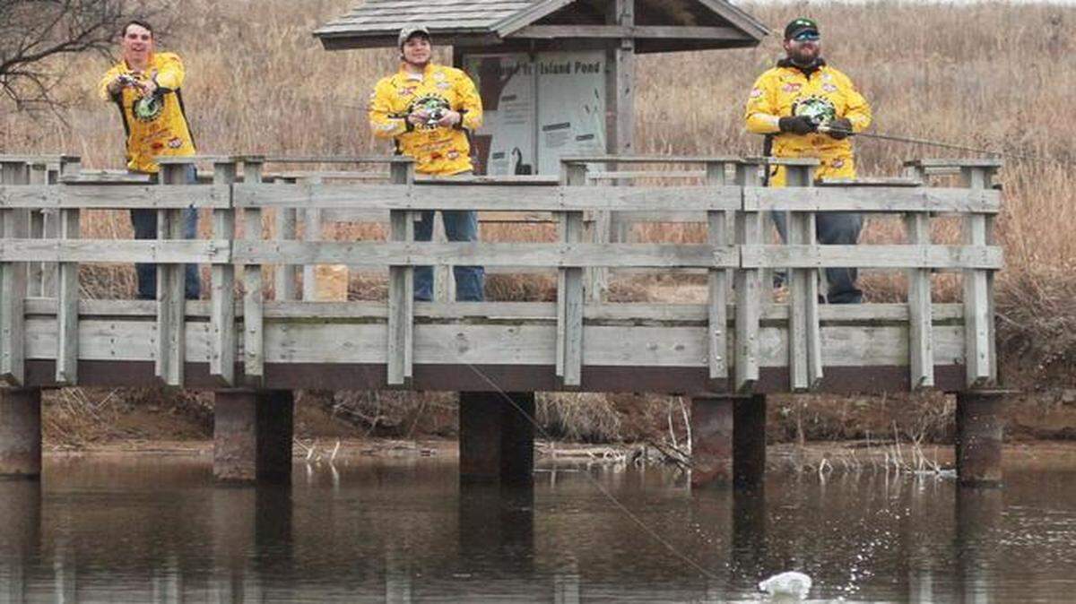 
Members of the Shocker Bass Team, John Wright (left) Alex Ast and Jesse Suggs practice casting at Island Pond. They're hoping the 14-member fishing team does well on the collegiate fishing tournament circuit this spring.
