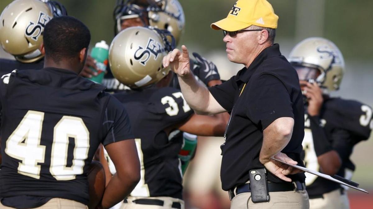
Southeast coach Mike Schartz gets his team ready before their game with Heights at South High on Thursday. 
