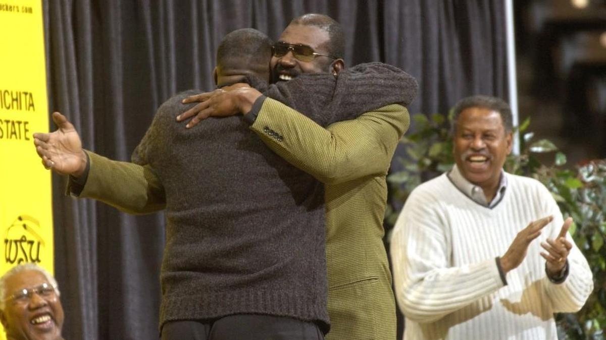 Four Shockers with retired jerseys reunite in 2003: Dave Stallworth (far left), Xavier McDaniel (back to camera), Antoine Carr(with glasses) and Cleo Littleton.