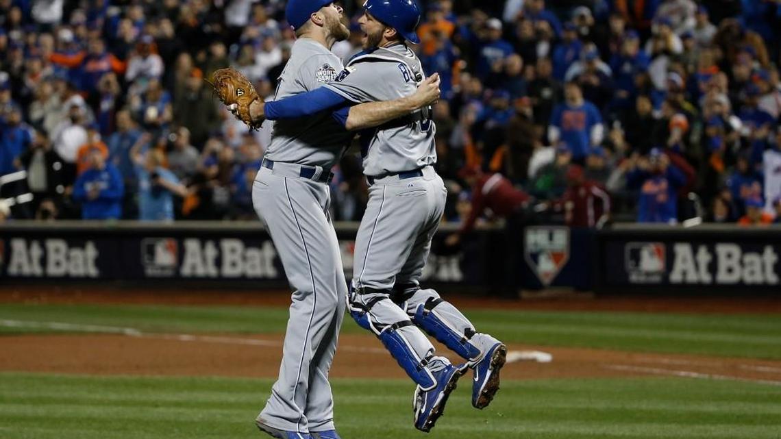 Kansas City Royals pitcher Wade Davis (17) celebrates with Drew Butera\after Game 5 of the World Series against the New York Mets Monday, Nov. 2, 2015, in New York. The Royals won 7-2 to win the series.