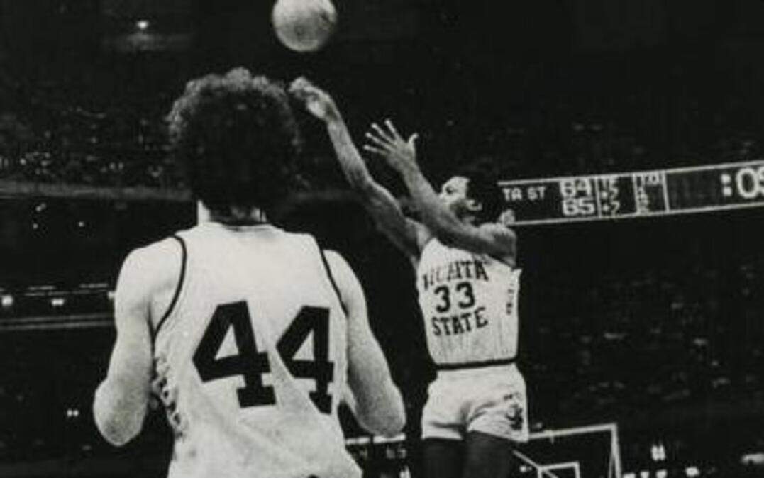 
Mike Jones takes the most legendary shot in Shocker history, a 25-footer that went in for the winning points in WSU's 66-65 victory over Kansas in the 1981 Midwest Regional semifinals at the Louisiana Superdome. 
