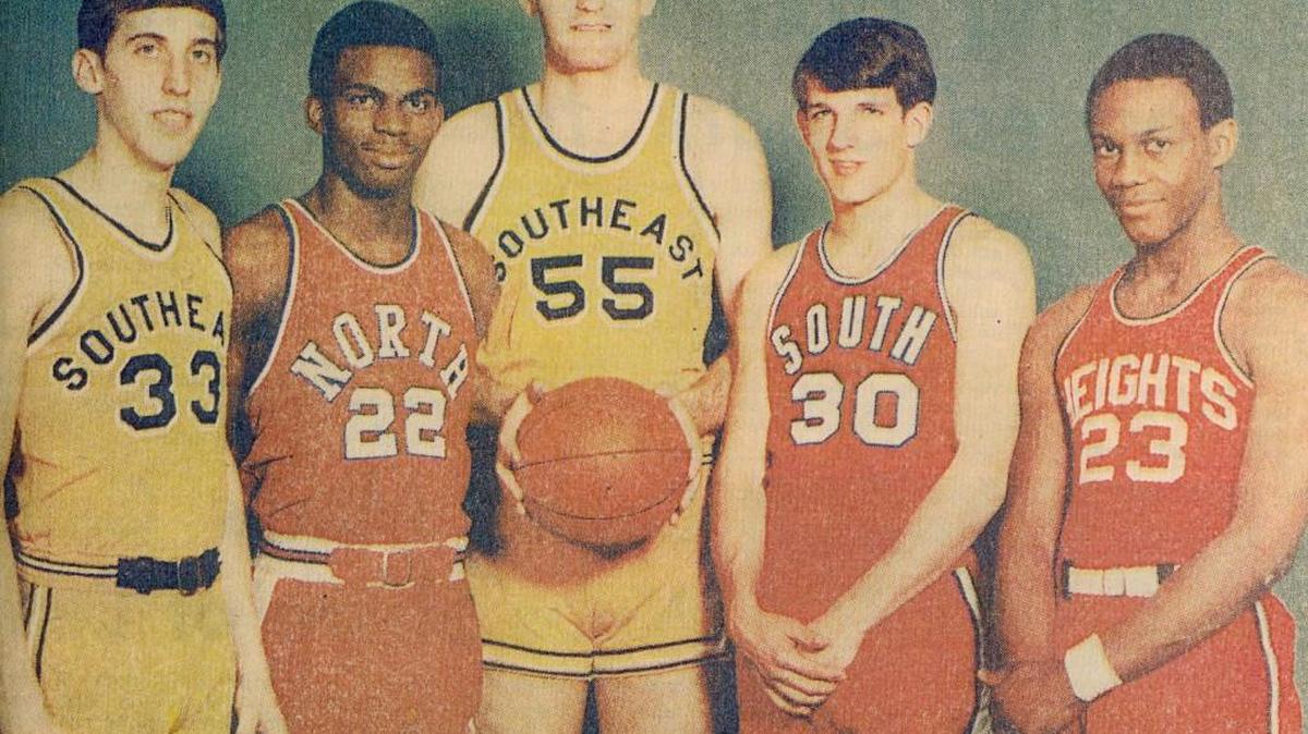 Southeast’s Randy Canfield (55) was part of the 1969 All-City team with, from left, teammate Bob Shaw, North’s Bob Love, South’s Ron Friedman and Heights’ Warren Hollins.