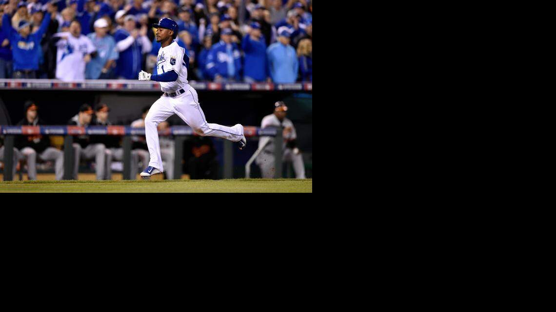 
Royals center fielder Jarrod Dyson scores the decisive run on a sacrifice fly by designated hitter Billy Butler in game three of the American League Championship Series on Tuesday night at Kauffman Stadium. 
