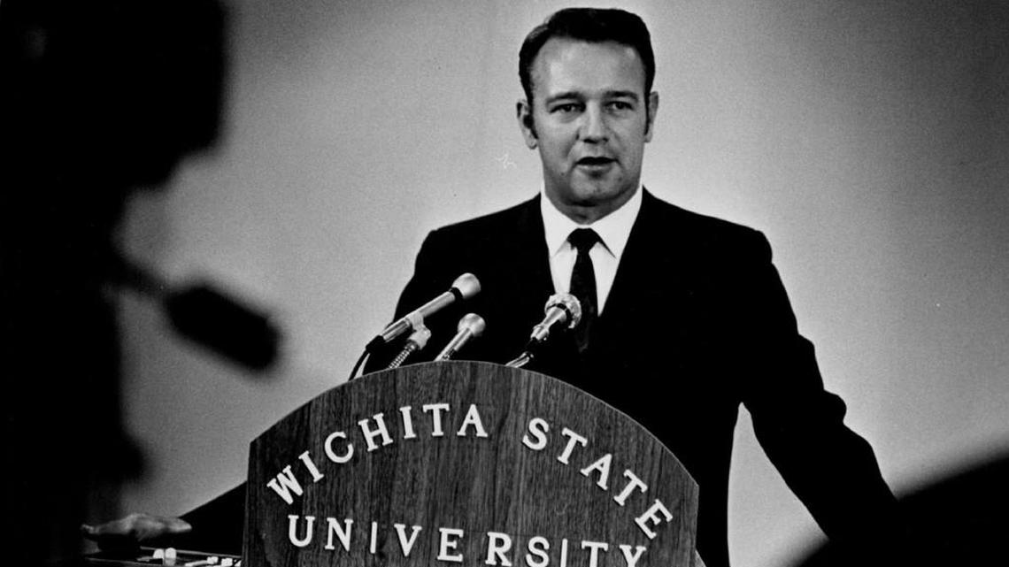 Bob Seaman spoke to reporters on Oct. 7, 1970, after being named Wichita State football coach. He had been offensive coordinator when one of the team’s two planes crashed in the Rocky Mountains, killing 31 people including coach Ben Wilson. Seaman was on the other plane that landed safely in Logan, Utah.