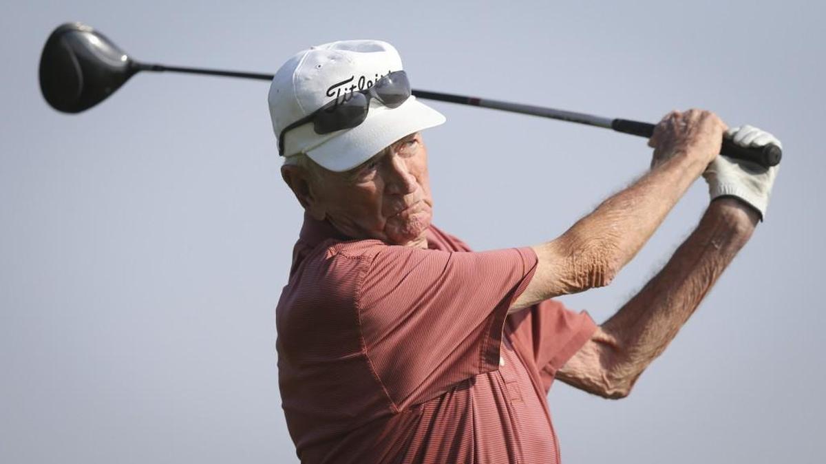 
Kenny Squires tees off at Willowbend Golf Club on Tuesday morning. Squires, 89, has had nine holes in one.
