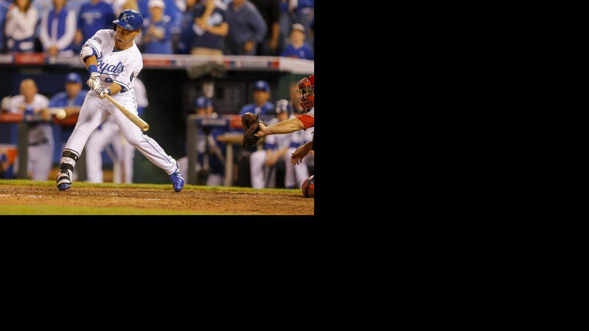 
Royals right fielder Nori Aoki (23) hits a single during the fifth inning.
