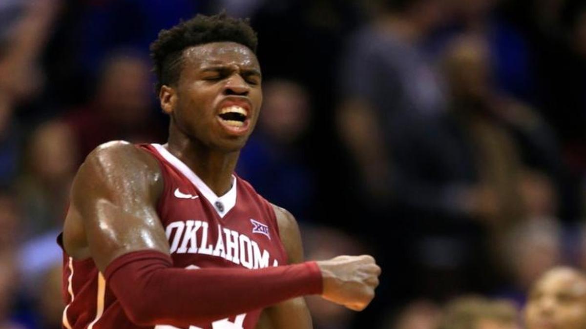 Oklahoma guard Buddy Hield celebrates a basket Monday night against Kansas.