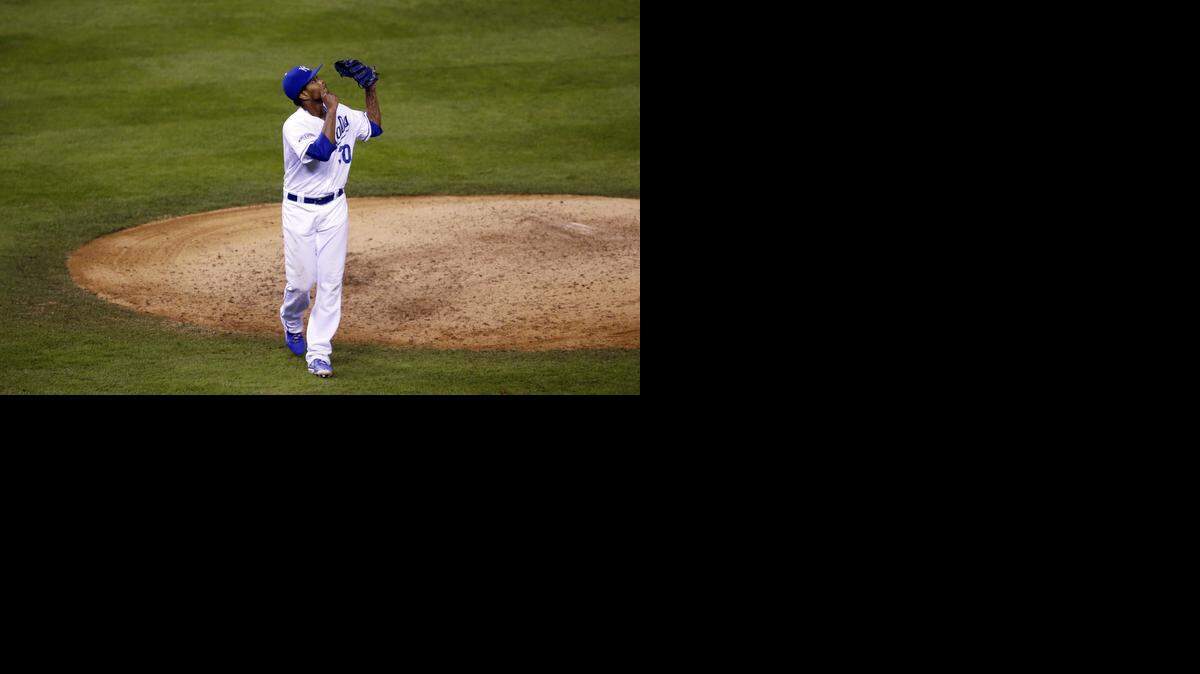 
Royals pitcher Yordano Ventura reacts as he completes the top of the seventh inning of Game 6 on Tuesday night.
