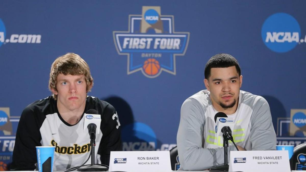 Seniors Ron Baker, left, and Fred VanVleet answer questions at UD Arena on Monday. Wichita State takes on Vanderbilt on Tuesday in a First Four game in Dayton, Ohio.