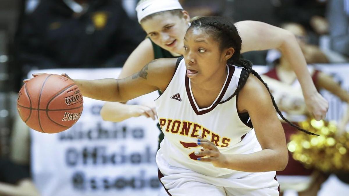 West’s Samaj Muldrow brings the ball up court against Derby in the second quarter of their 6A semifinal game at the state championships at Koch Arena on Friday.