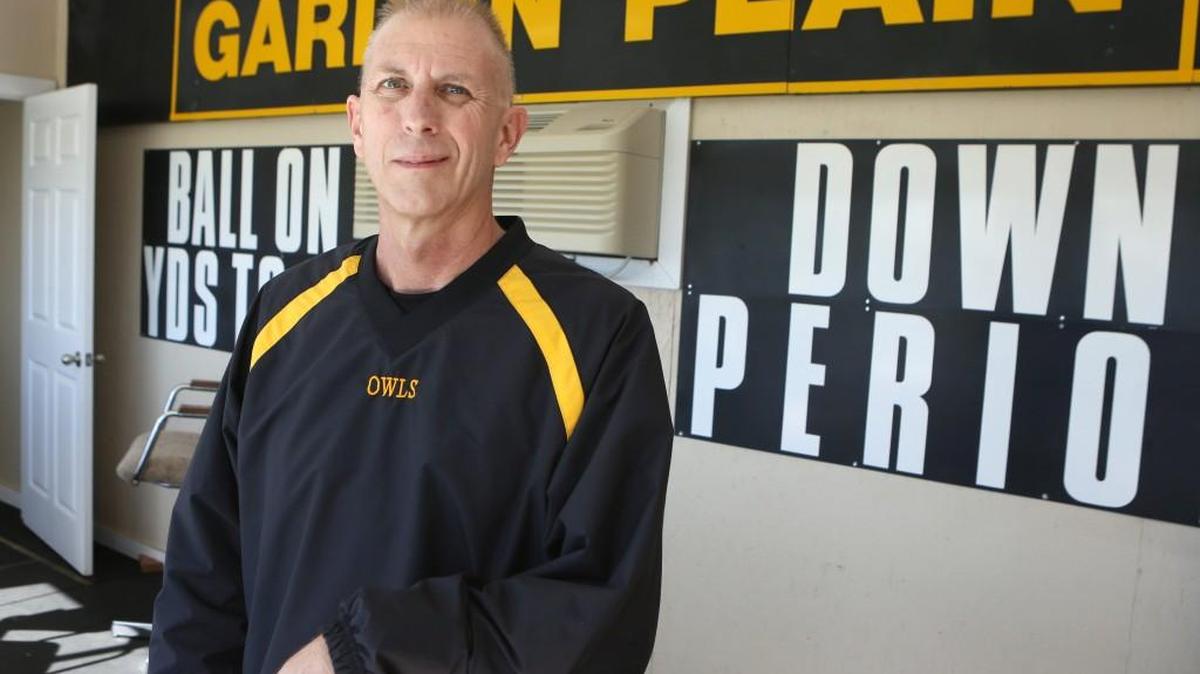 Garden Plain PA announcer Bobby Thompson in the press box at the school. Thompson is suffering from colon cancer.