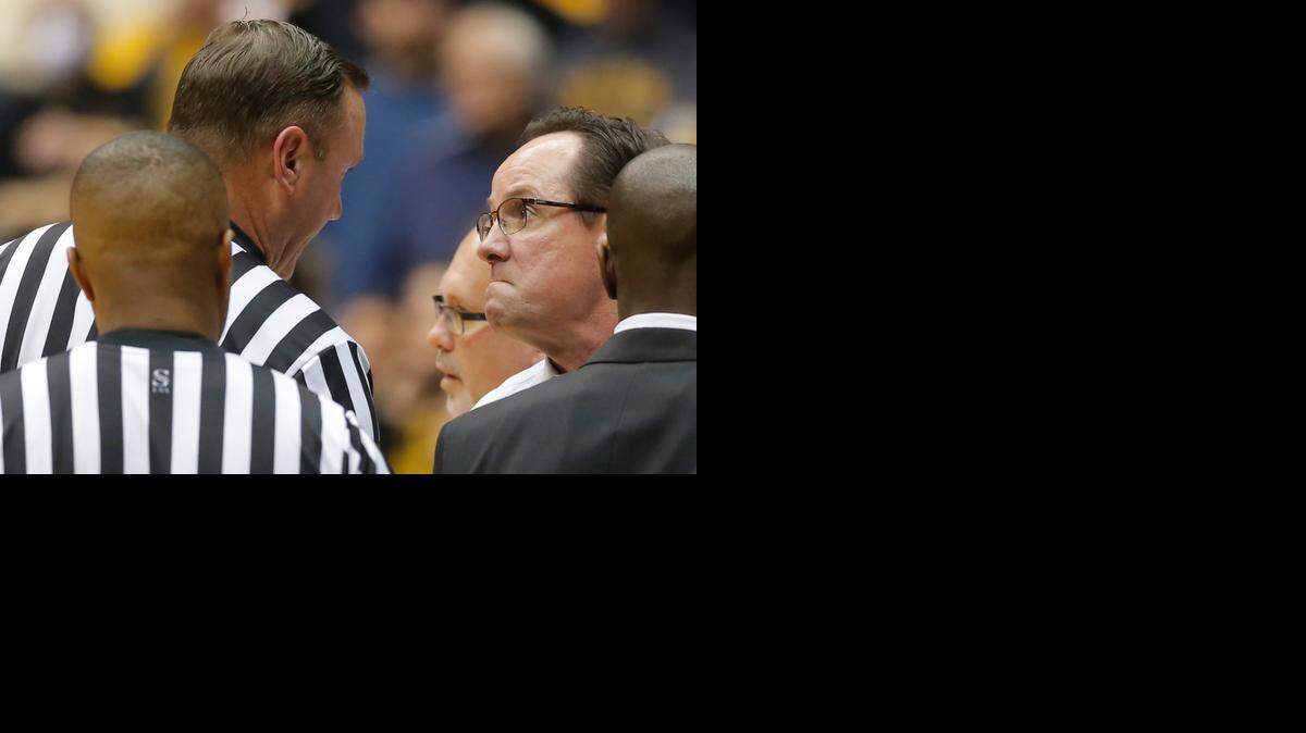 
Wichita State coach Gregg Marshall has a heated discussion with the officiating crew during their game against Bradley in the second half on Wednesday night at Koch Arena.

