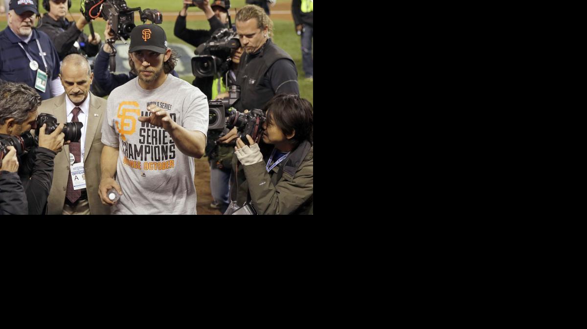 
San Francisco pitcher Madison Bumgarner (40) celebrates after Game 7 of the World Series. He was named series MVP.
