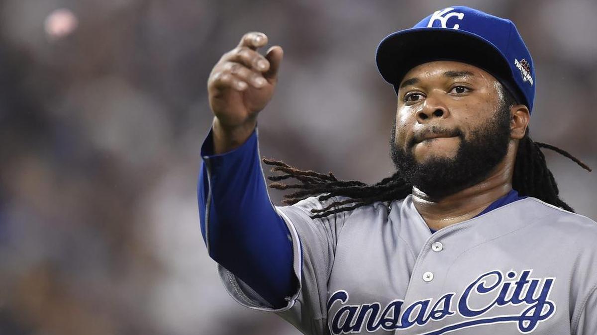 
Royals starting pitcher Johnny Cueto throws his gum after being pulled from the game during the third inning in Game 3 of baseball's American League Championship Series against the Toronto Blue Jays on Monday
