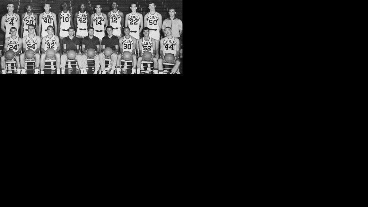 
The 1964-65 Wichita State basketball that played in the Final Four in Porland, Ore. Front row, left to right: John Criss (24); Dave Leach (54); Jamie Thompson (32); Verlyn Anderson, assistant coach; Gary Thompson, head coach; Ron Heller, assistant coach; Kelly Pete (30), Manny Zafiros (52), Tommy Newman (44). Back row, left to right: Vernon Smith (4); Melvin Reed (20); Larry Nosich (40); Gerald Davis (10); Dave Stallworth (42); Bob Powers (14); Nate Bowman (12); Al Trope (22); Gerard Reimond (50); Charles Broski, team manager.
