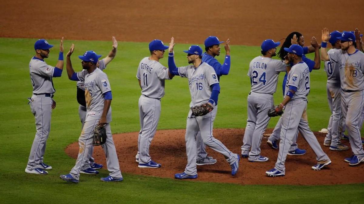 
The Kansas City Royals celebrate their win over the Houston Astros in Game 4 of baseball's American League Division Series on Monday.
