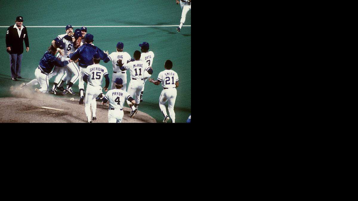 
The Kansas City Royals celebrate their 1985 World Series championship at the pitcher’s mound after winning Game 7 against the St. Louis Cardinals in KC.
