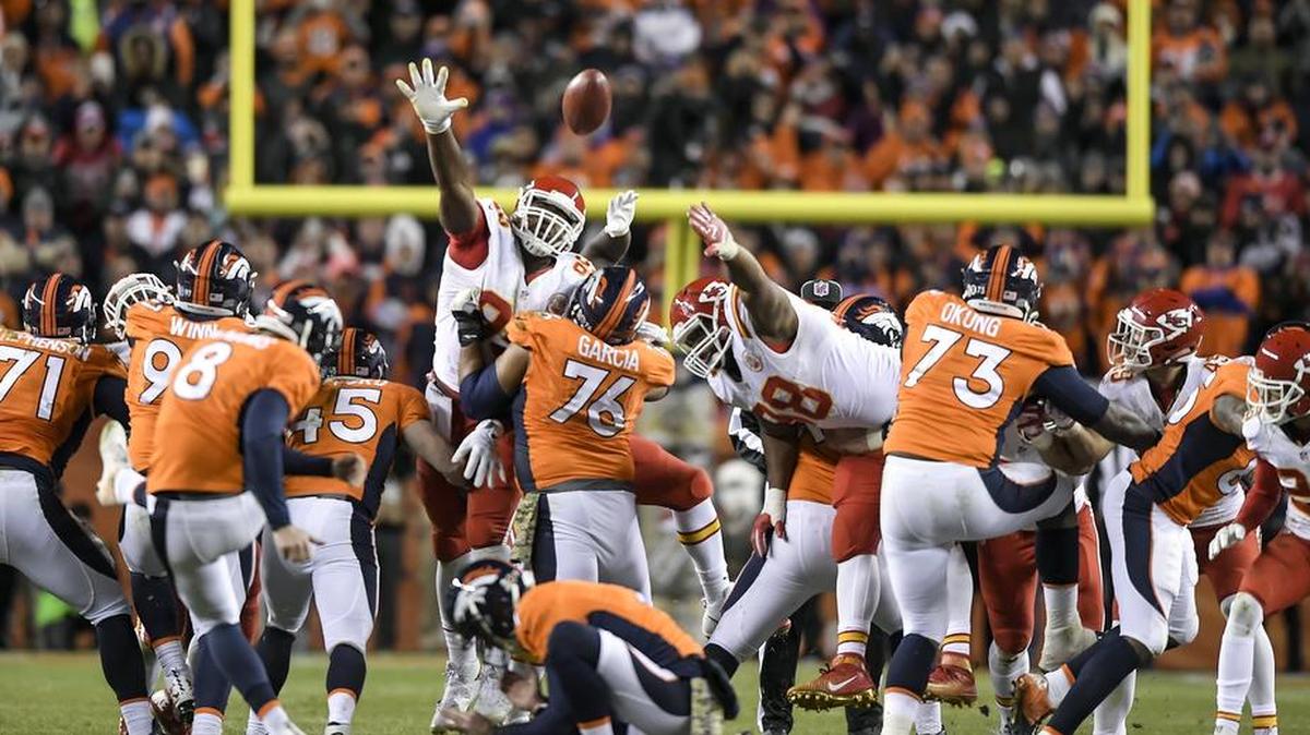 Denver Broncos kicker Brandon McManus (8) missed a 62-yard field-goal attempt with 1:08 left in overtime against the Kansas City Chiefs on Sunday night in Denver. KC won, 30-27.