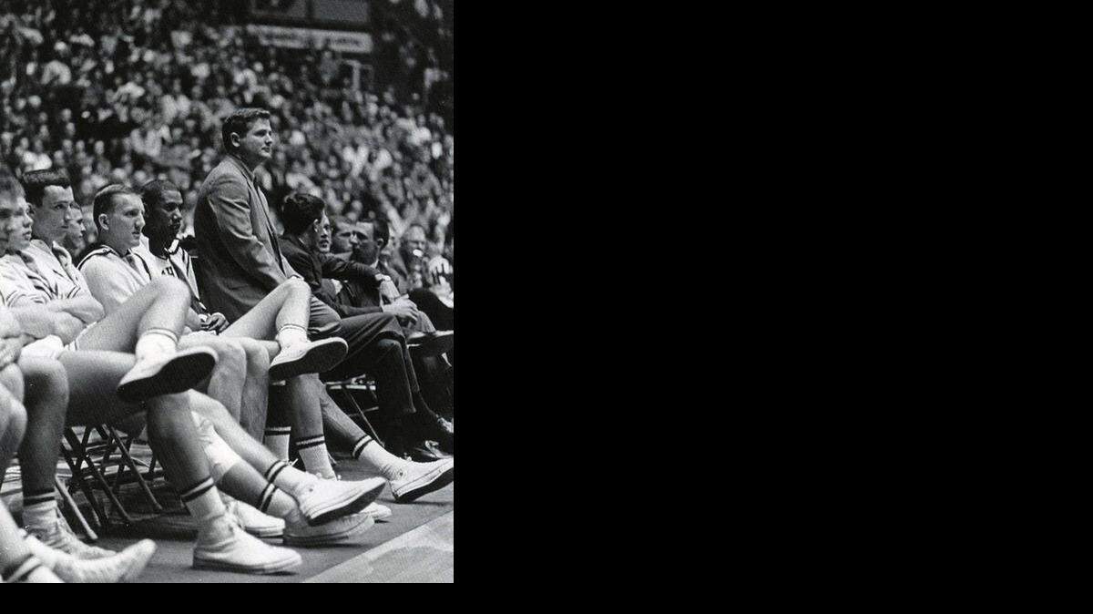 
Wichita State coach Gary Thompson looks on during a Shockers’ game during the 1964-65 season. Seated to his right is All-American forward Dave Stallworth.
