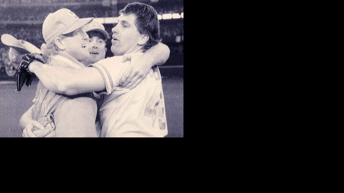 
Cincinnati Reds relief pitchers Norm Charlton, Randy Myers and Rob Dibble celebrate after the Reds beat the Pittsburgh Pirates in the 1990 National League Championship Series. The Reds went on to sweep the Oakland A’s in the World Series.
