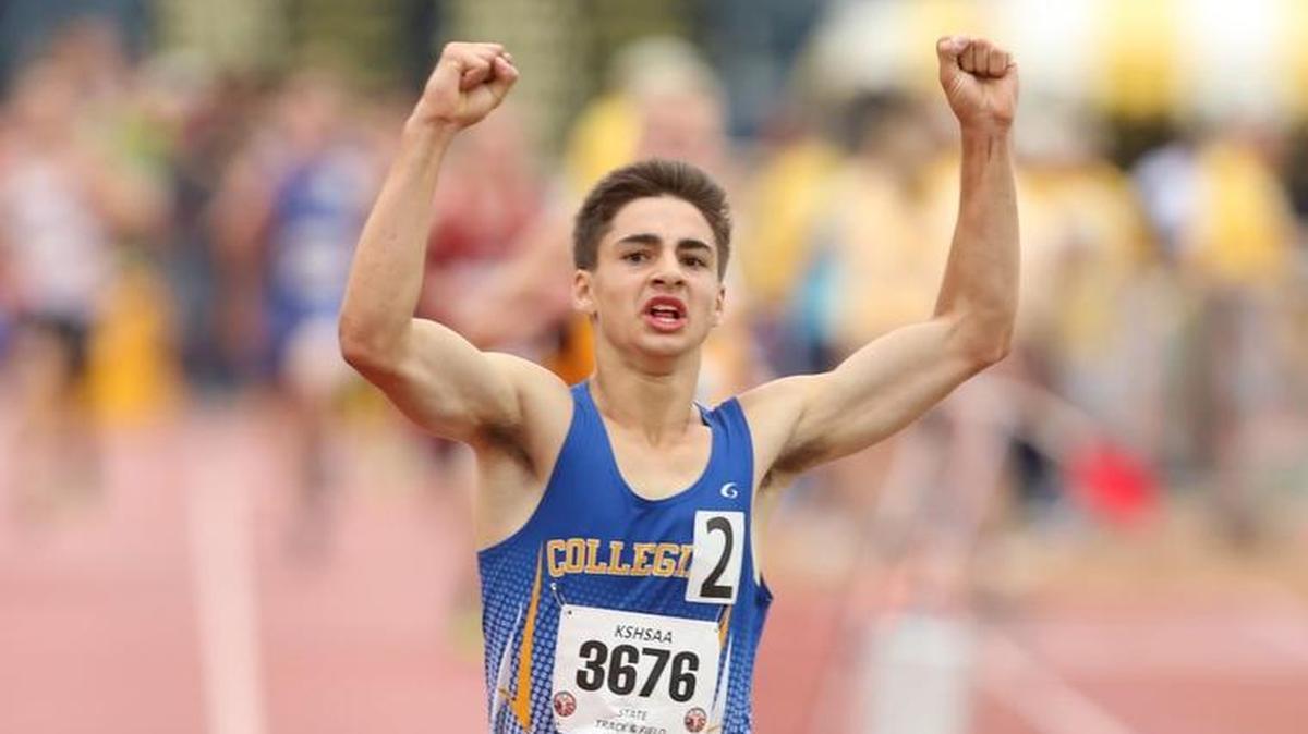 Collegiate’s Lakelin Conrad celebrated winning the Class 3A 3200-meter run at the state track meet in 2015. Conrad was a three-time cross country state champ for the Spartans.
