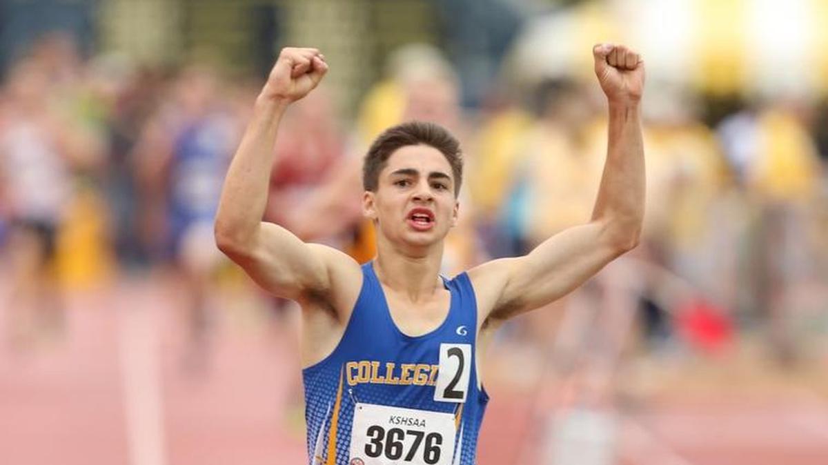 Collegiate’s Lakelin Conrad celebrates winning the Class 3A 3200-meter run at the state track meet in 2015. Conrad, a two-time cross country state champ, won a regional race Saturday