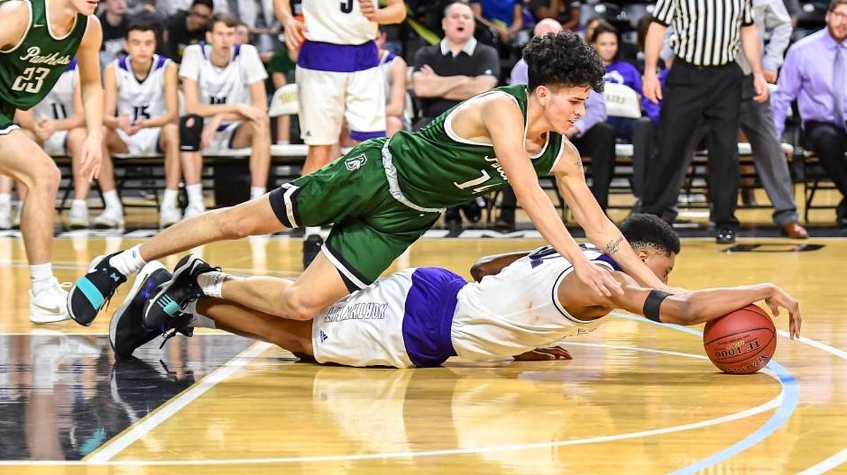 Blue Valley Northwest's Joseph Pleasant and Derby's Emillio Valentin dive for a loose ball in the fourth quarter of a Class 6A boys semifinal Friday at Koch Arena.