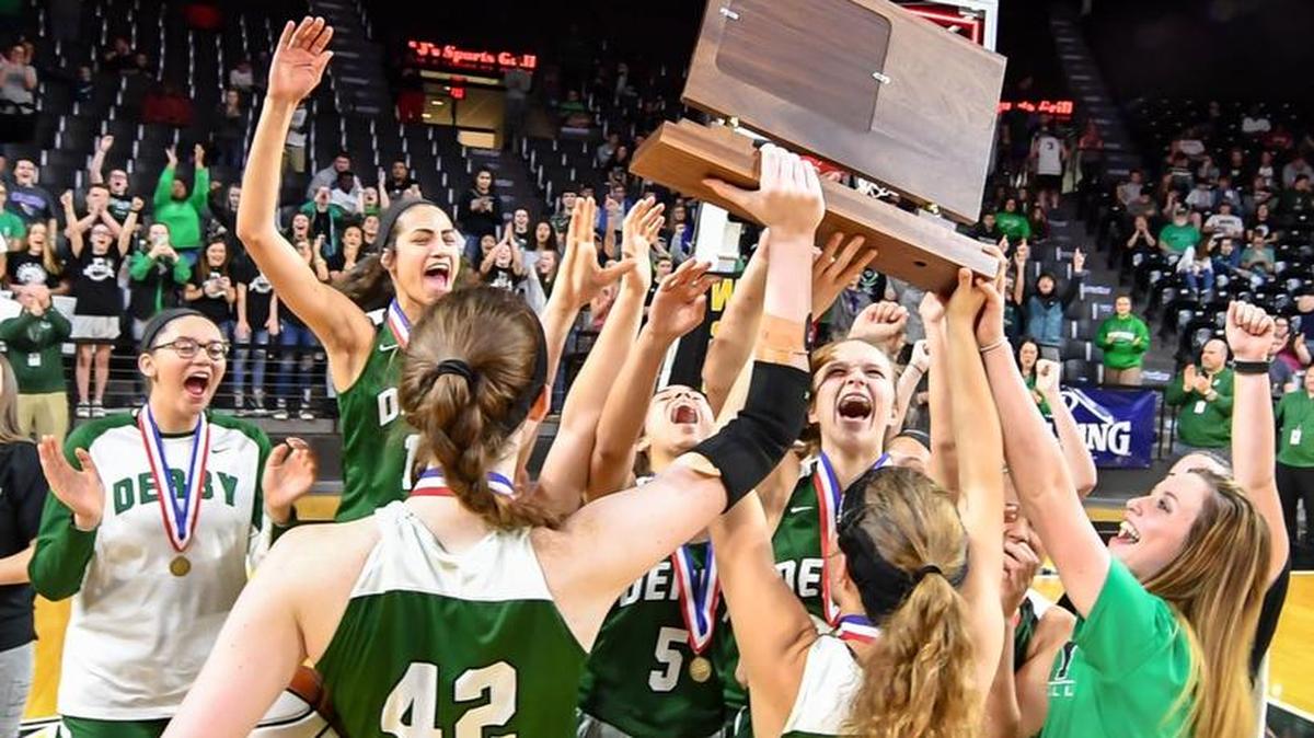 Derby players celebrate after winning the Class 6A championship at Koch Arena on Saturday.
