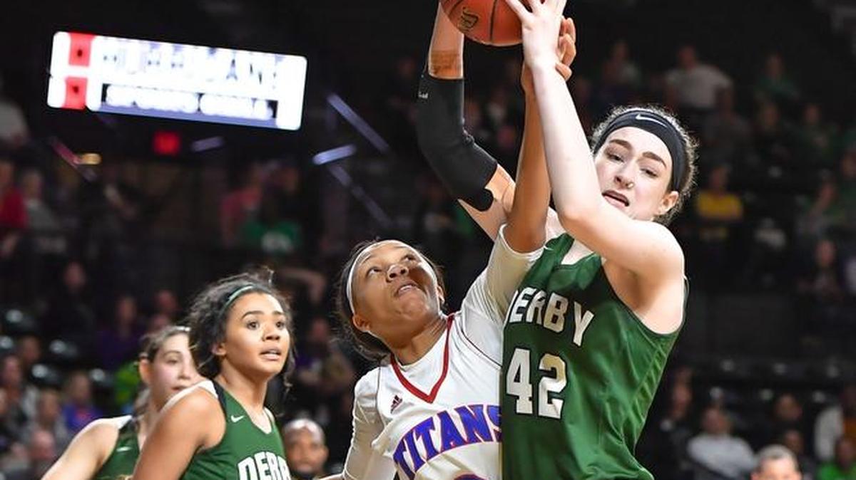 South's Trezure Jobe (left) and Derby's Kennedy Brown were both selected to the Eagle's 2018 All-State top 15. They competed against each other in the Class 6A girls basketball semifinals.