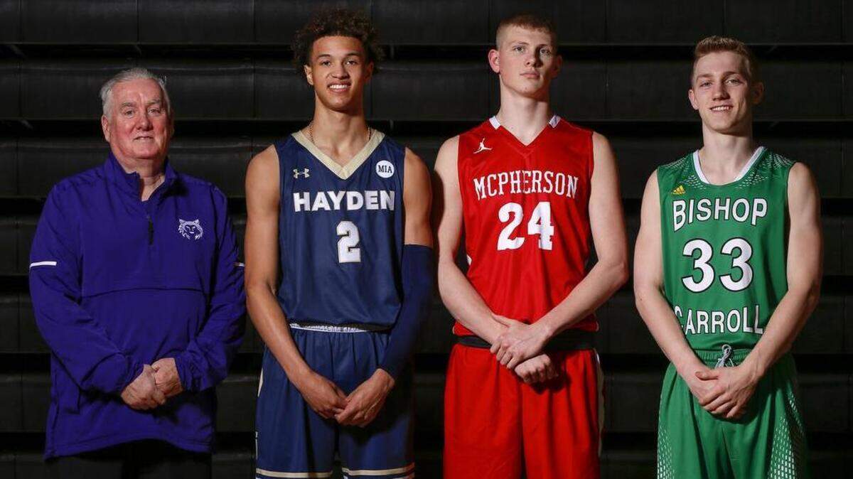 The Eagle's 2018 All-State boys basketball team, from left, Coach of the Year Ed Fritz, Blue Valley Northwest; Zach Harvey, Topeka Hayden; Ben Pyle, McPherson; Luke Evans, Bishop Carroll. (Not pictured: Joe Pleasant, Blue Valley Northwest; Jeremiah Robinson-Earl, Bishop Miege)