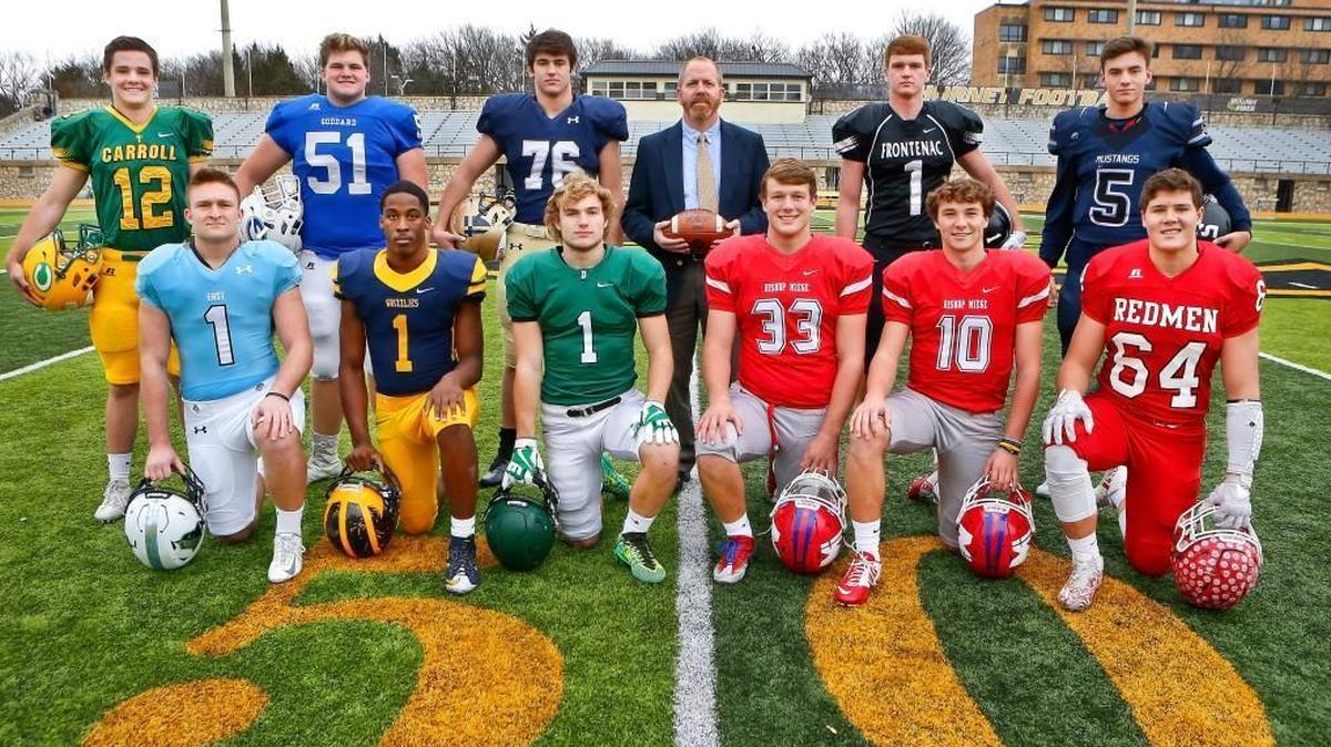 The 57th annual Wichita Eagle Top 11 football team. Front row, from left: Milton Braasch, SM East; Breece Hall, Wichita Northwest; Brody Kooser, Derby; Dylan Downing, Miege; Carter Putz, Miege; Dalton Kuhn, Smith Center. Back row: Braden Howell, Carroll; AJ Vang, Goddard; Joe Michalski, Aquinas; Coach Dusty Trail, Carroll; Broc Ginavan, Frontenac; Graham Mertz, BV North.