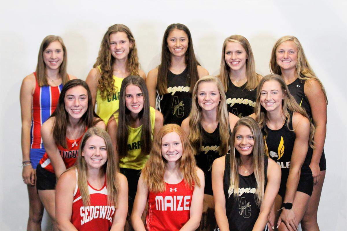 The Wichita Eagle’s 2019 High School All-Metro Girls Track and Field Team: (Back row) Cheney’s Layne Needham, Bishop Carroll’s Kindel Nordhus, Andover Central’s Brittany Harshaw, Andover Central’s Kinsley Ochsner, Andale’s Katelyn Fairchild, (Middle row) Augusta’s Nataleigh Cantu, Bishop Carroll’s Hope Jackson, Andover Central’s Hannah Wiebe, Andale’s Jaden Eck, (Front row) Sedgwick’s Grace Thompson, Maize’s Zoie Ecord and Andover Central’s Peyton Vincze