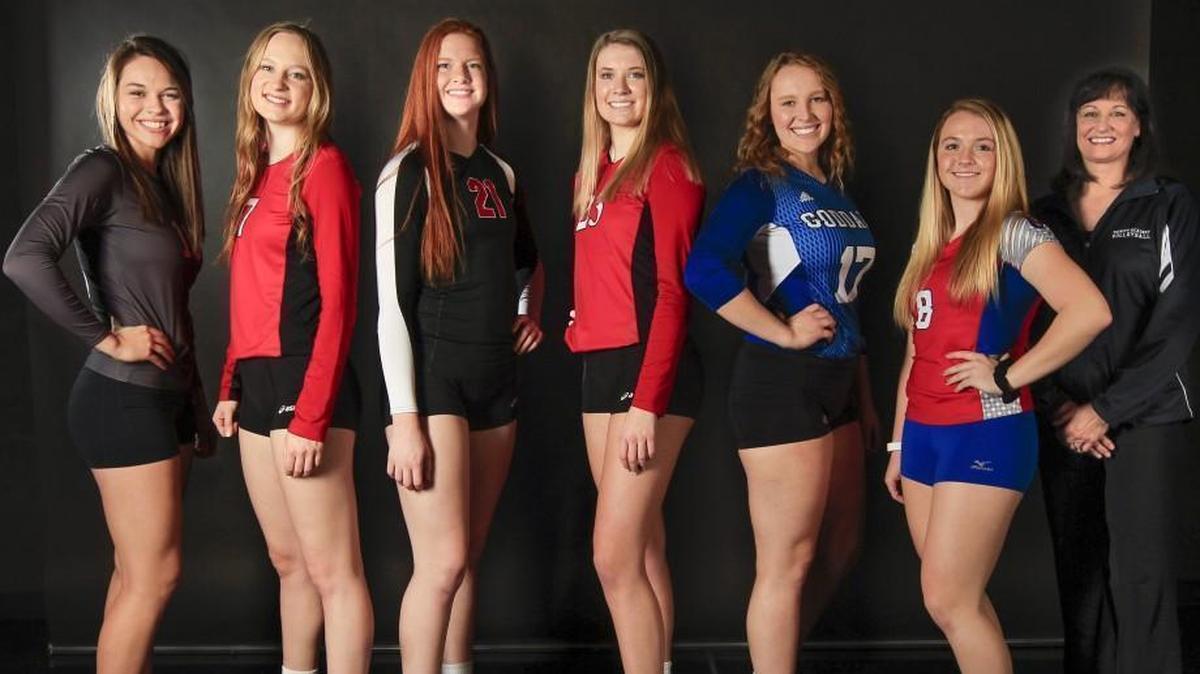 The 2017 All-Metro volleyball team from left to right: Isabelle Reynolds (Andover), Emily Witt (Rose Hill), Kailey Jo Ince (Hesston), Gracie Van Driel (Rose Hill), Tarra Parks (Goddard), Emily Monson (Cheney) and Trinity coach Marie Goscha. Not pictured: Taylor Antonowich (Newton).