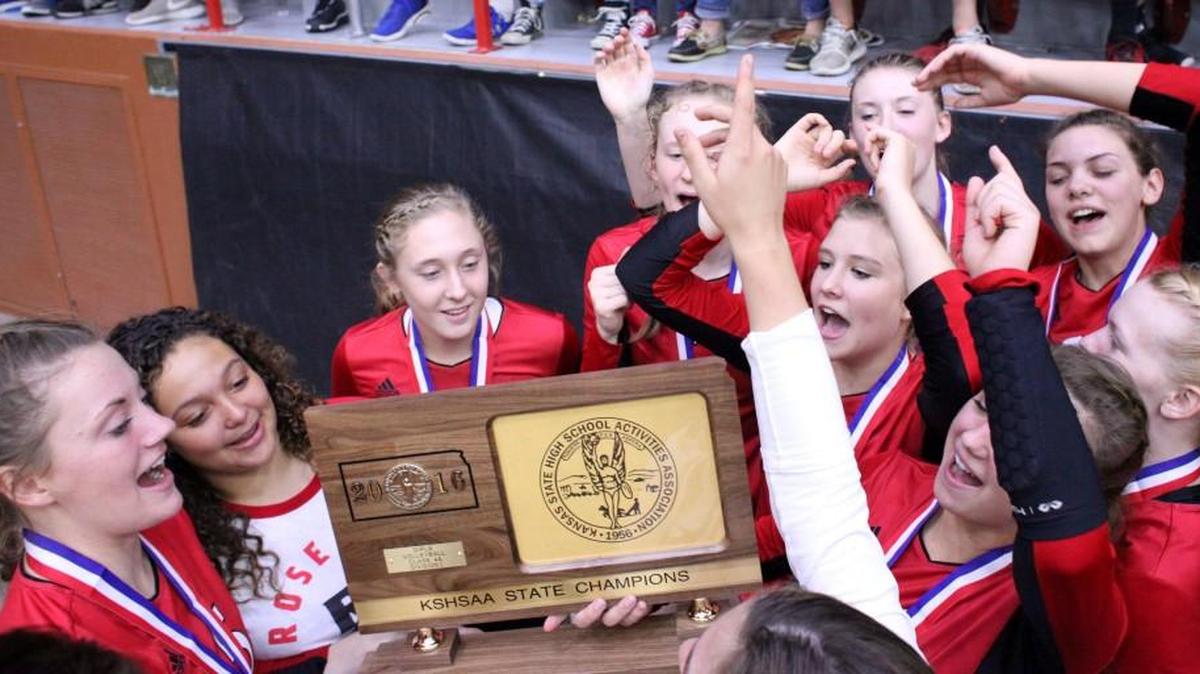 Rose Hill celebrates winning the Class 4A-I volleyball championship in 2016.