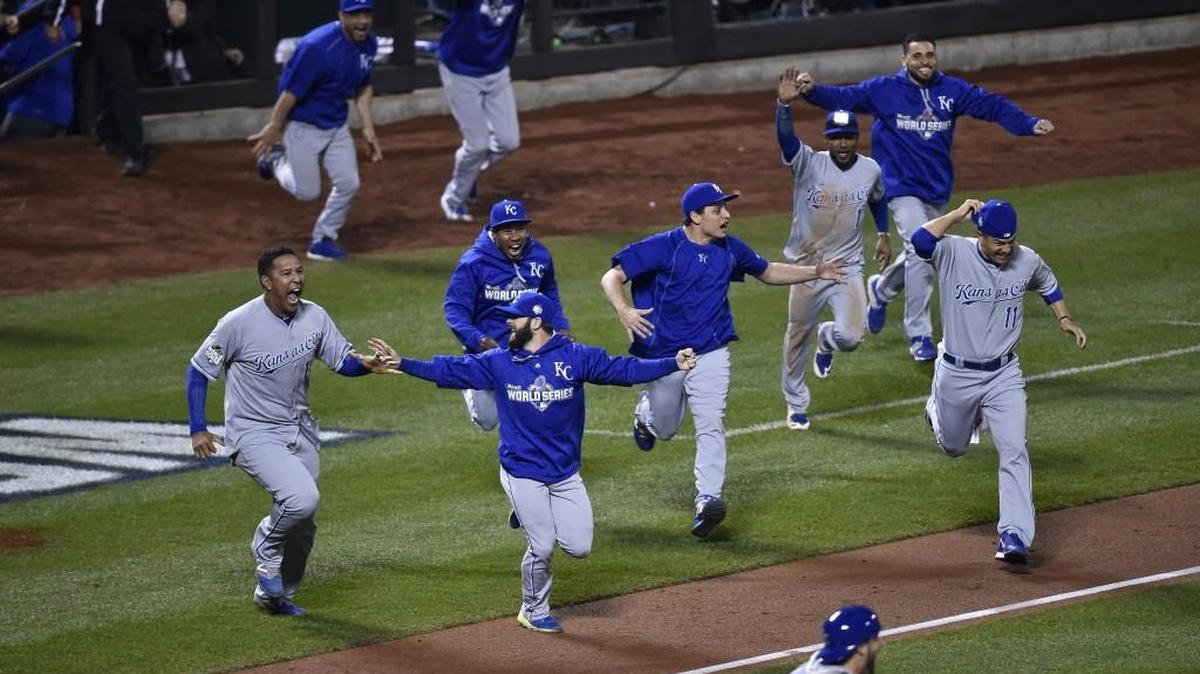 The Kansas City Royals celebrate winning the World Series.