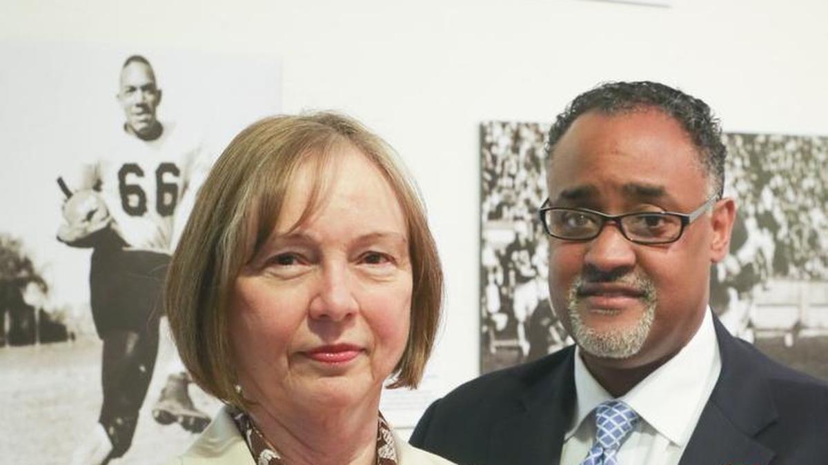 “Undefeated: The Triumph of the Black Kansas Athlete” opens at the Kansas African-American Museum this weekend and runs through the summer. The exhibit is put together by curator Carole Branda, left, and executive director Mark McCormick.